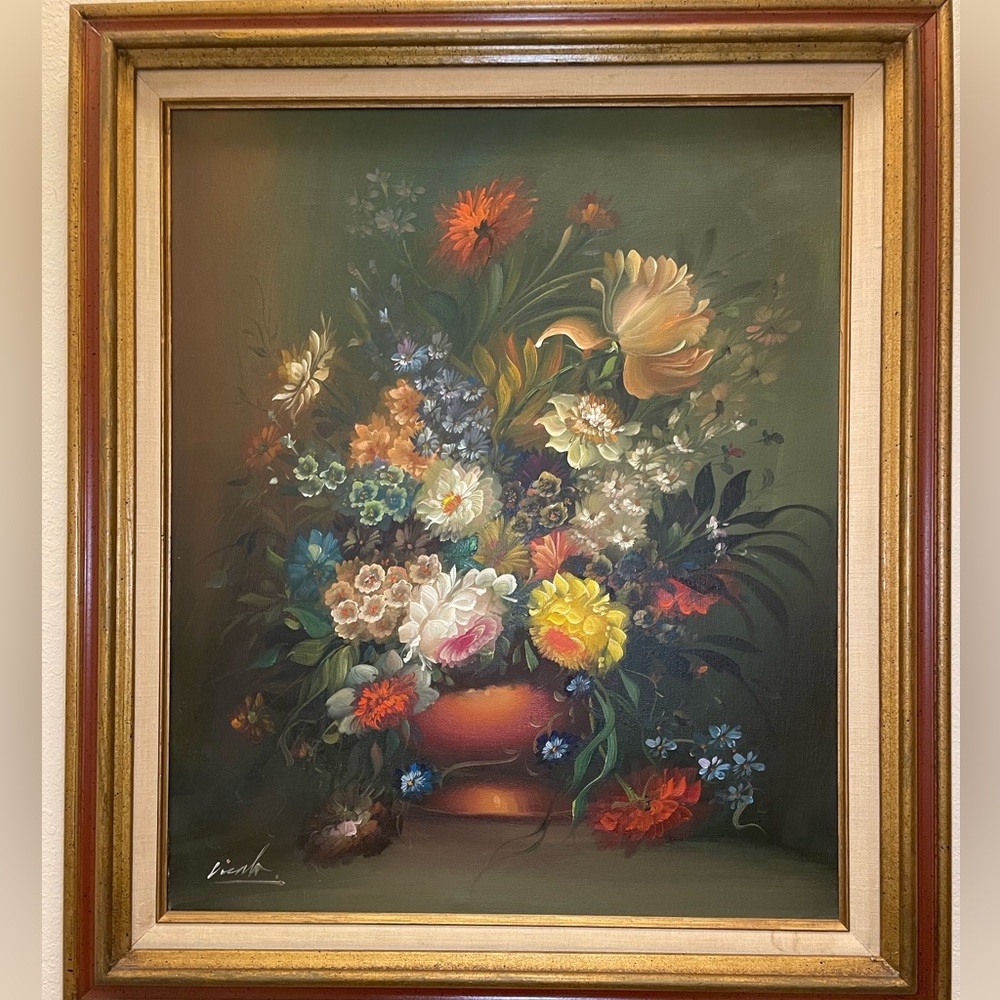 Signed Vicala (d.2019) Floral Bouquet Art Oil Painting with Original Frame